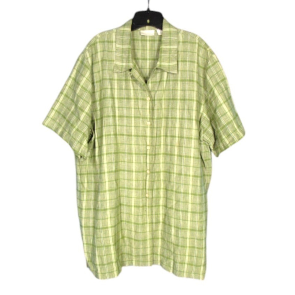 VTG ELISABETH By LIZ CLAIBORNE Green/Blue LINEN Button-Up PLAID SHIRT/BLOUSE 18